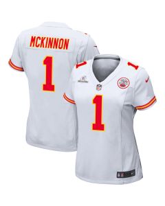 Jerick McKinnon 1 Kansas City Chiefs Super Bowl LVIII Patch Game Women Jersey – White
