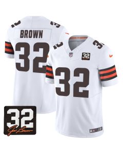 Jim Brown 32 Cleveland Browns Jim Brown Memorial Patch Game Men Jersey – White