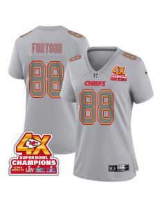 Jody Fortson 88 Kansas City Chiefs Super Bowl LVIII Champions 4X Atmosphere Fashion Game Women Jersey – Gray