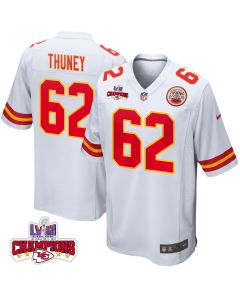 Joe Thuney 62 Kansas City Chiefs Super Bowl LVIII Champions 4 Stars Patch Game Men Jersey – White