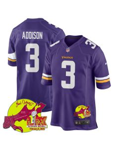 Jordan Addison 3 Minnesota Vikings Super Bowl LIX New Orleans Patch Game Men Jersey – Purple