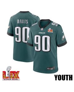 Jordan Davis #90 Philadelphia Eagles Super Bowl LIX YOUTH Jersey – Midnight Green