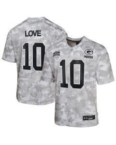 Jordan Love 10 Green Bay Packers 2024 Salute to Service Game YOUTH Jersey – Arctic Camo