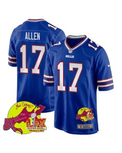 Josh Allen 17 Buffalo Bills Super Bowl LIX New Orleans Patch Game Men Jersey – Royal