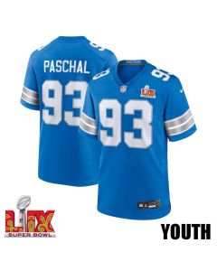 Josh Paschal #93 Detroit Lions Super Bowl LIX YOUTH Jersey – Blue