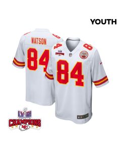 Justin Watson 84 Kansas City Chiefs Super Bowl LVIII Champions 4 Stars Patch Game YOUTH Jersey – White
