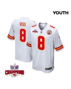 Justyn Ross 8 Kansas City Chiefs Super Bowl LVIII Champions 4 Stars Patch Game YOUTH Jersey – White