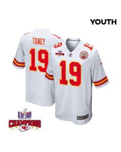 Kadarius Toney 19 Kansas City Chiefs Super Bowl LVIII Champions 4 Stars Patch Game YOUTH Jersey – White