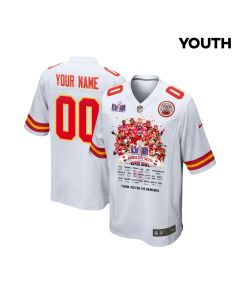 Kansas City Chiefs Super Bowl LVIII Thanks For Memories Game Custom YOUTH Jersey – White