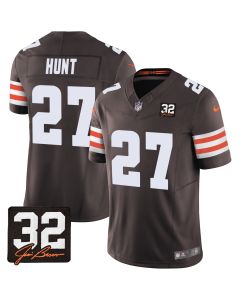 Kareem Hunt 27 Cleveland Browns Jim Brown Memorial Patch Game Men Jersey – Brown