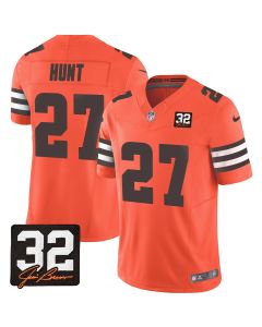 Kareem Hunt 27 Cleveland Browns Jim Brown Memorial Patch Game Men Jersey – Orange