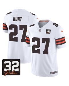 Kareem Hunt 27 Cleveland Browns Jim Brown Memorial Patch Game Men Jersey – White
