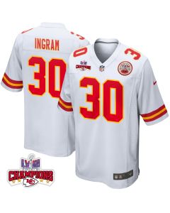 Keaontay Ingram 30 Kansas City Chiefs Super Bowl LVIII Champions 4 Stars Patch Game Men Jersey – White