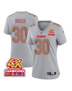 Keaontay Ingram 30 Kansas City Chiefs Super Bowl LVIII Champions 4X Atmosphere Fashion Game Women Jersey – Gray