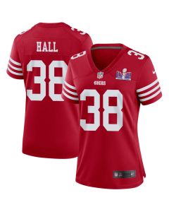 Kemon Hall 38 San Francisco 49ers Super Bowl LVIII Patch Game Women Jersey – Scarlet