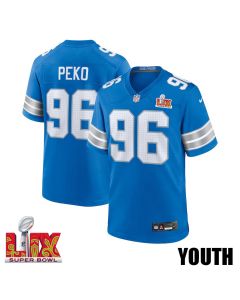 Kyle Peko #96 Detroit Lions Super Bowl LIX YOUTH Jersey – Blue