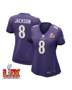 Lamar Jackson #8 Baltimore Ravens Super Bowl LIX Women’s Jersey – Purple