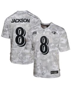 Lamar Jackson 8 Baltimore Ravens 2024 Salute to Service Game YOUTH Jersey – Arctic Camo
