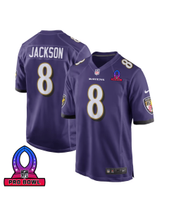 Lamar Jackson 8 Baltimore Ravens 2025 Pro Bowl Patch Game Men Jersey – Purple