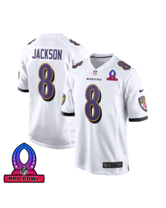 Lamar Jackson 8 Baltimore Ravens 2025 Pro Bowl Patch Game Men Jersey – White