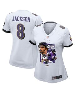 Lamar Jackson 8 Baltimore Ravens Cobra Jackson Women Game Jersey – White