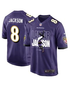 Lamar Jackson 8 Baltimore Ravens Lamar the Merrier Game Men Jersey – Purple