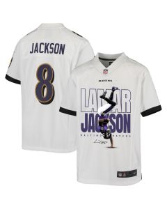 Lamar Jackson 8 Baltimore Ravens Lamar the Merrier Game YOUTH Jersey – White