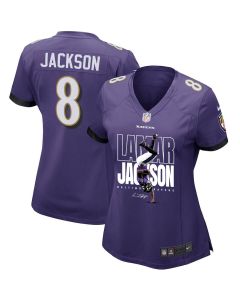 Lamar Jackson 8 Baltimore Ravens Lamar the Merrier Women Game Jersey – Purple