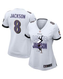 Lamar Jackson 8 Baltimore Ravens Lamar the Merrier Women Game Jersey – White