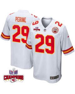 La’Mical Perine 29 Kansas City Chiefs Super Bowl LVIII Champions 4 Stars Patch Game Men Jersey – White