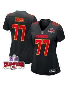 Lucas Niang 77 Kansas City Chiefs Super Bowl LVIII Champions 4 Stars Patch Fashion Game Women Jersey – Carbon Black