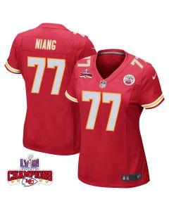Lucas Niang 77 Kansas City Chiefs Super Bowl LVIII Champions 4 Stars Patch Game Women Jersey – Red