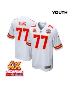 Lucas Niang 77 Kansas City Chiefs Super Bowl LVIII Champions 4X Game YOUTH Jersey – White