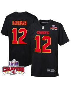 Mecole Hardman 12 Kansas City Chiefs Super Bowl LVIII Champions 4 Stars Patch Fashion Game YOUTH Jersey – Carbon Black