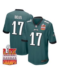 Nakobe Dean 17 Philadelphia Eagles Super Bowl LIX Champions Patch Game Men Jersey – Midnight Green