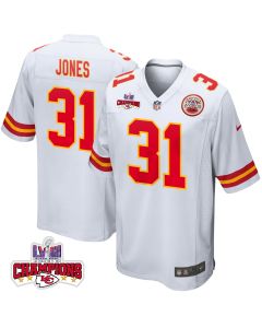 Nic Jones 31 Kansas City Chiefs Super Bowl LVIII Champions 4 Stars Patch Game Men Jersey – White