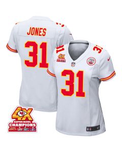 Nic Jones 31 Kansas City Chiefs Super Bowl LVIII Champions 4X Game Women Jersey – White