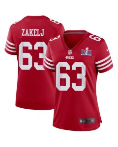 Nick Zakelj 63 San Francisco 49ers Super Bowl LVIII Patch Game Women Jersey – Scarlet