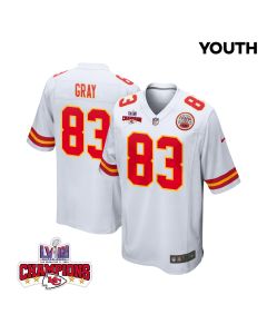 Noah Gray 83 Kansas City Chiefs Super Bowl LVIII Champions 4 Stars Patch Game YOUTH Jersey – White