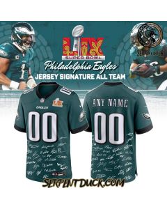 Philadelphia Eagles Champions Super Bowl LIX 2025 Signature All Team Custom Game Men Jersey – Midnight Green