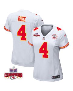 Rashee Rice 4 Kansas City Chiefs Super Bowl LVIII Champions 4 Stars Patch Game Women Jersey – White