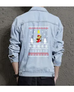 Retro Mario Denim Jacket for Men – Gift for Nintendo Fans – Christmas Gift - Light Blue - Main View
