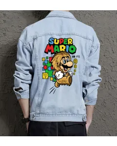 Retro Mario Denim Jacket for Men – Gift for Video Game Fans – Christmas Gift - Light Blue - Main View