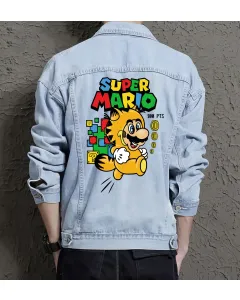 Retro Mario Denim Jacket for Men – Gift for Video Game Fans – Christmas Gift - Light Blue - Main View