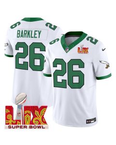 Saquon Barkley 26 Philadelphia Eagles Kelly Green Super Bowl Champions LIX Patch Vapor Limited Jersey – White