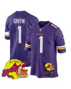 Shaq Griffin 1 Minnesota Vikings Super Bowl LIX New Orleans Patch Game Men Jersey – Purple