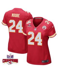 Skyy Moore 24 Kansas City Chiefs Super Bowl LVIII Champions 4 Stars Patch Game Women Jersey – Red