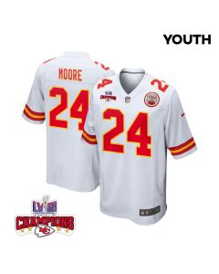 Skyy Moore 24 Kansas City Chiefs Super Bowl LVIII Champions 4 Stars Patch Game YOUTH Jersey – White