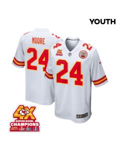 Skyy Moore 24 Kansas City Chiefs Super Bowl LVIII Champions 4X Game YOUTH Jersey – White