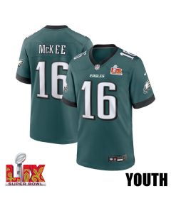 Tanner McKee #16 Philadelphia Eagles Super Bowl LIX YOUTH Jersey – Midnight Green